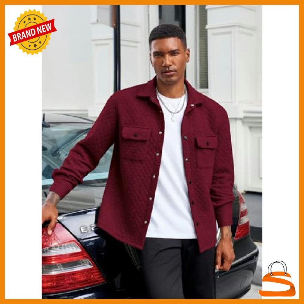 Men's Quilted Shacket Lightweight Jacket Snap Button Pockets Fall Spring - Picture 4 of 8